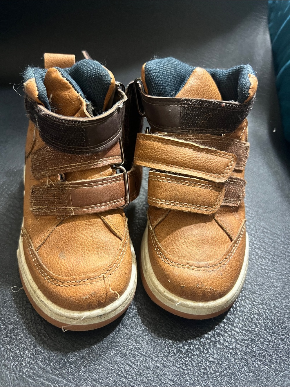 Kids Tan High-Top Boots with Double Velcro Straps